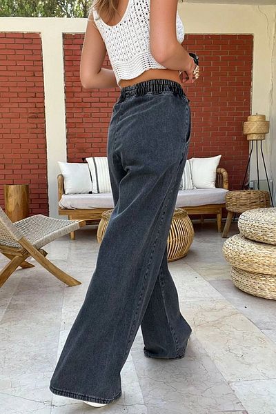 bacc Anthracite Elastic Waist Wide Leg Pocket Washed Jeans Bcbsk-25700-Kt-0088