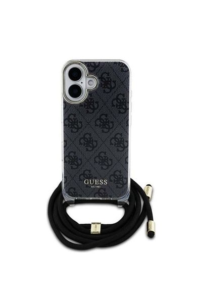 Guess Case for IPhone 16 with cord, Crossbody Cord 4G Print, Guess - Black