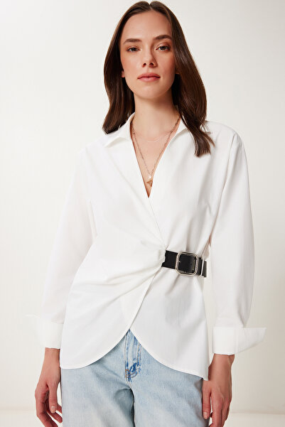 Lovelyİstanbul Kemer Detaylı Şık Dokuma Gömlek BEYAZ LUS0138