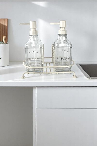 Mirilliahome Σετ Δοχείο Σαπουνιού Μεταλλική Βάση, Σετ Διπλό Δοχείο Σαπουνιού, Δοχείο Υγρού Σαπουνιού με Βάση - Γυαλί
