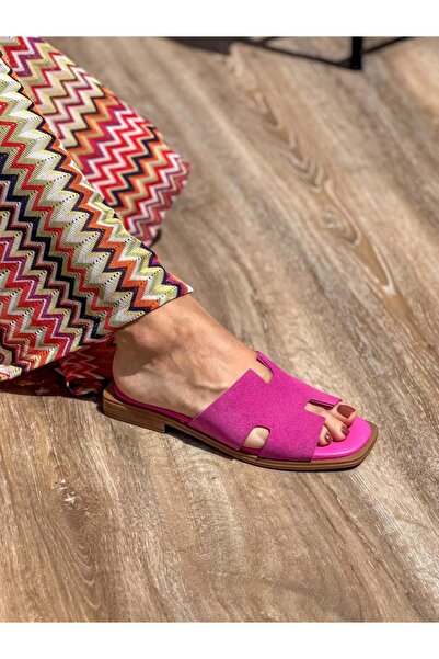 SİBA SHOES Delia Genuine Leather Suede Fuchsia Slippers