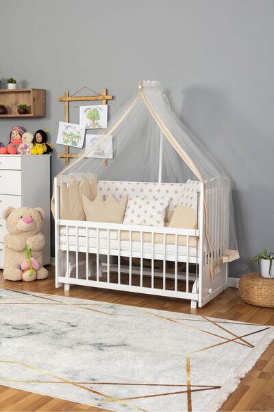Bamgidoo Ahşap Beşik Anne Yanı Beşik Beyaz 60x120 - Krem Nakış(Yazısız) Uyku ...
