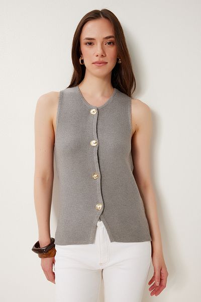 Lovelyİstanbul Stylish Buttoned Soft Textured Stretchy Knitwear Vest Gray Lus0139