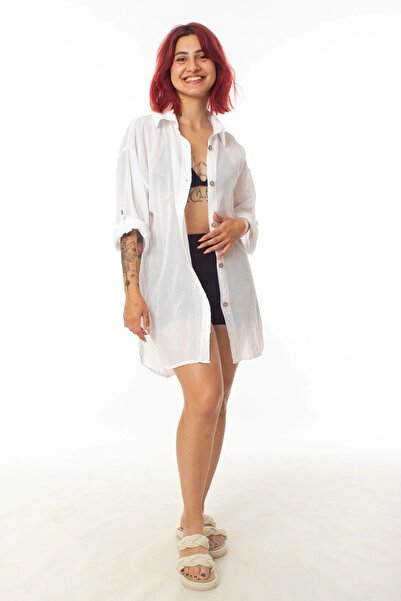 İZMİR ASKERİ MALZEME White Color Linen Woven Daisy Patterned Long Sleeve Kimo...