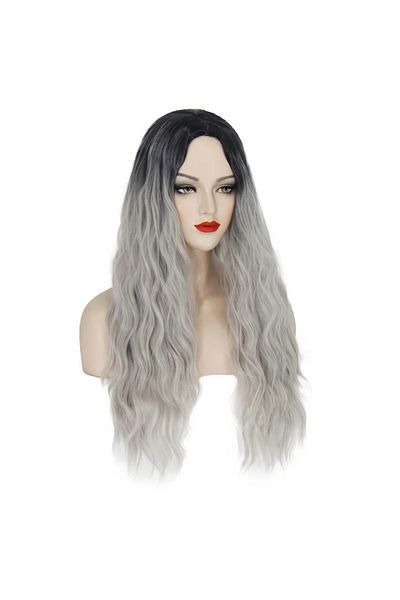 animis beauty Silver Grey Wig, synthetic fiber with natural look, long wavy hair, no bangs, 65 cm