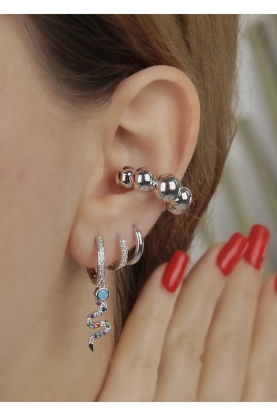 Home Sihra Accessories renkli yılanlı mavi boncuk detaylı üçlü set küpe gümüş renk