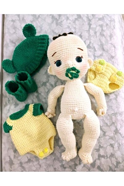 Superbaby Crochet baby doll with pacifier and green hat - handmade toy