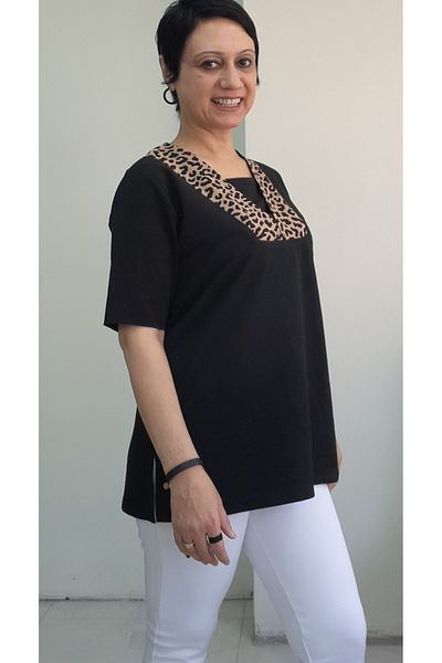 Mertcan Butik Black Collar Leopard Garnish Short-Sleeve Combed Viscose T-Shirt