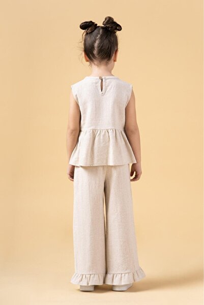 Magu Girl's Linen Beige Bow Flounce Long Pants Double Set
