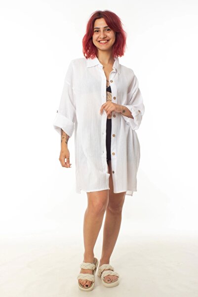 İZMİR ASKERİ MALZEME White Color Linen Woven Feather Patterned Long Sleeve Ki...