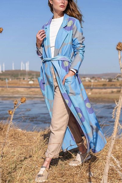 bacc Blue Stamp Lined Digital Printed Belted Long Coat Bcbsk-25700-3491