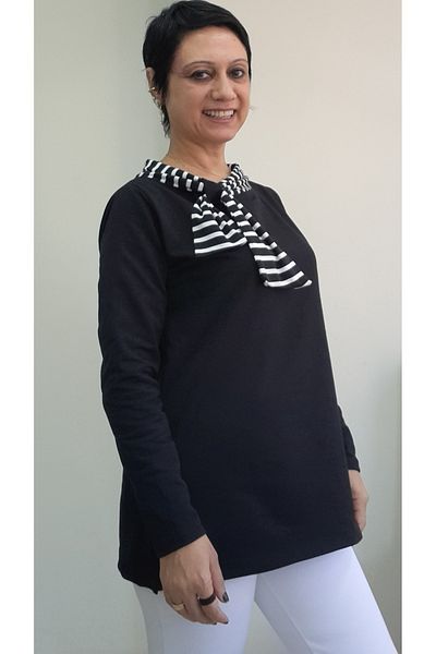 Mertcan Butik Black Boat Neck Black and White Stripe Color Block Long-Sleeve Combed Viscose T-Shirt