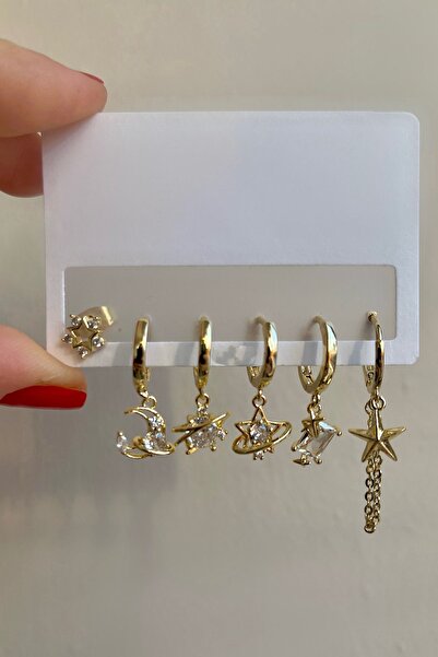 Bijou Luz Gold Gezegen ve Yıldız Figürlü Altılı Küpe Seti