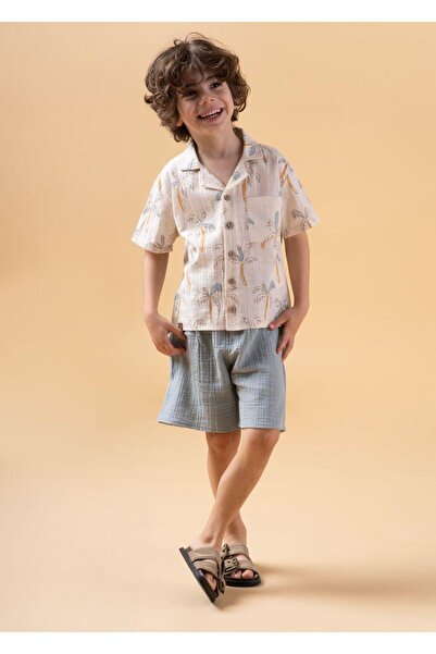 Magu Boy's Palm Tree Patterned Shirt Suit Shorts Summer Set of Two