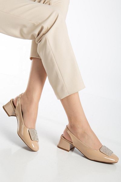 Dilimler Ayakkabı Large Size Women's Short Heeled Shoes Skin Square Stone Open Heel