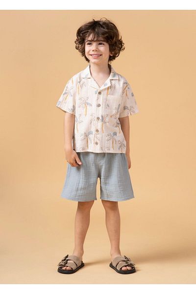 Magu Boy's Palm Tree Patterned Shirt Suit Shorts Summer Set of Two