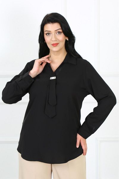 By Alba Collection Cămașă de damă, neagră, cu detaliu în piatră în față, din țesătură Jessica