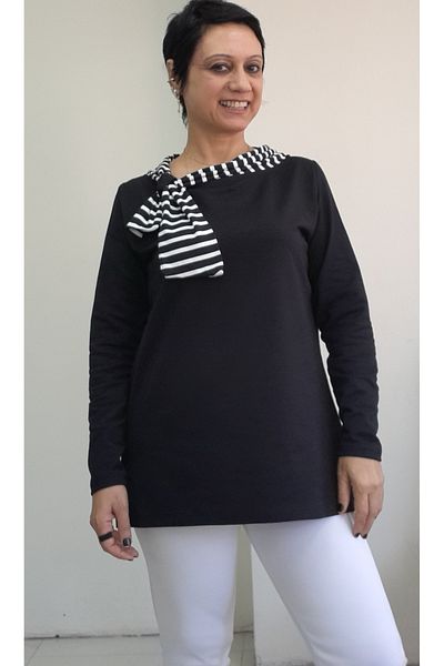 Mertcan Butik Black Boat Neck Black and White Stripe Color Block Long-Sleeve Combed Viscose T-Shirt