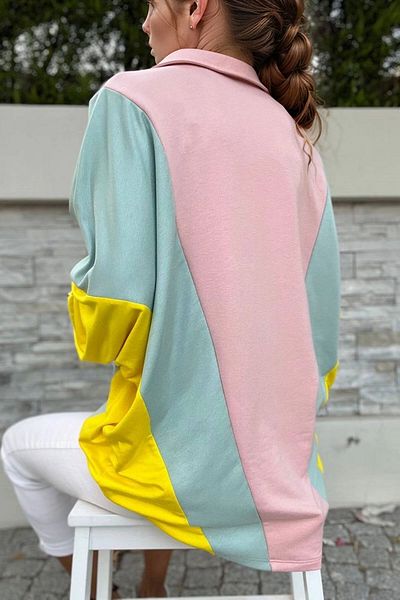 bacc Women's Pink Polo Neck Bat Sleeve Color Block Loose Sweatshirt Bcbsk-25700-3473