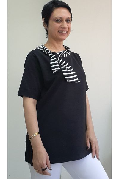 Mertcan Butik Black Boat Neck Black and White Color Block Bow Look Short, Sleeved Combed Viscose T-Shirt