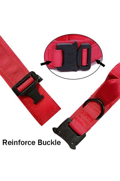 REDz Accessories Zgardă pentru câini Militari, Mâner de control, Mărime L, Închidere tip arici și cataramă, Textil, Roșu