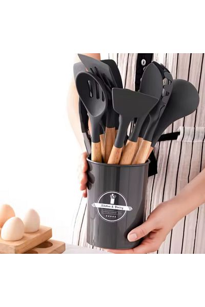 BKC HOME 13 Pieces Silicone Colander Scoop Beater Spoon Brush Spatula Tongs Serving Set Kitchenware with Bamboo Handle