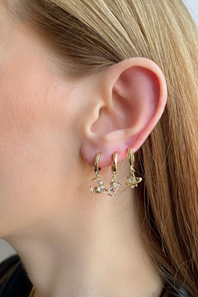 Bijou Luz Gold Gezegen ve Yıldız Figürlü Altılı Küpe Seti