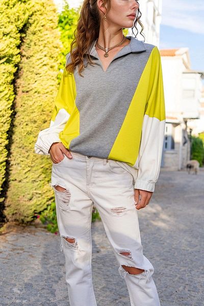 bacc Women's Gray Polo Neck Bat Sleeve Color Block Loose Sweatshirt Bcbsk-25700-3473
