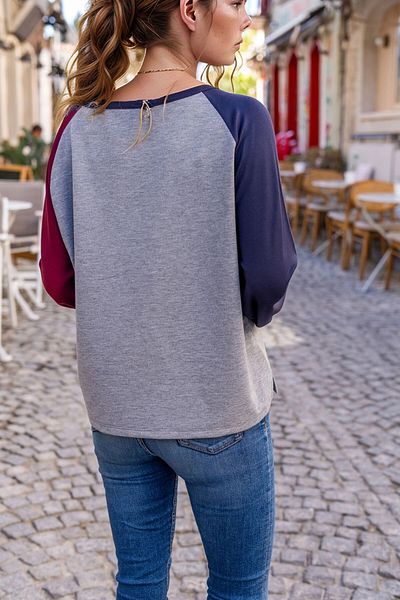 bacc Women's Gray Raglan Sleeve Stitching Detailed Boat Neck Color Block Sweatshirt Bcbsk-25700-3472