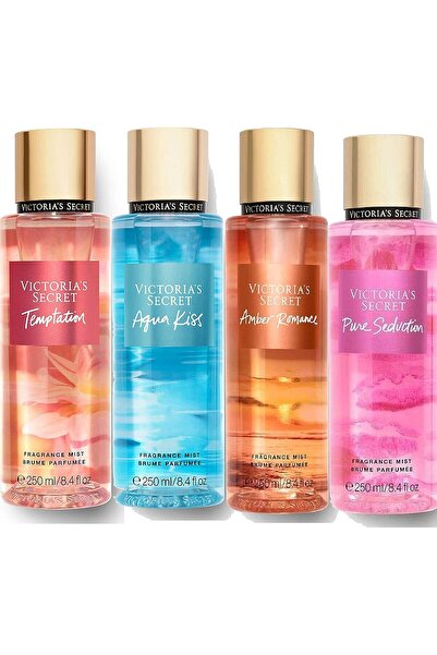 Victoria's Secret Women's Fragrance Set - Amber Romance, Aqua Kiss, Pure Seduction, Temptation (4x25