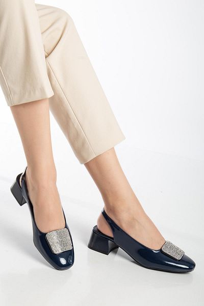 Dilimler Ayakkabı Large Size Women's Short Heeled Shoes Navy Blue Square Stone Open Heel