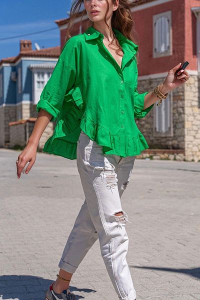 bacc Fusta Benetton pentru femei, cămașă lejeră din voal cu volan Bcbsk-25700-3570