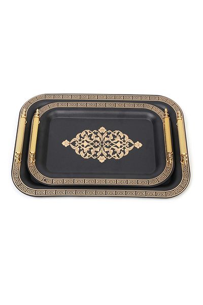 DEVMEER Stainless Steel Luxury Model 2-Piece Black Gold Pattern Tea Coffee Tray Set