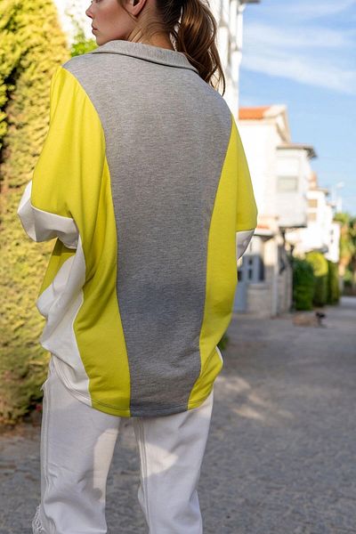 bacc Women's Gray Polo Neck Bat Sleeve Color Block Loose Sweatshirt Bcbsk-25700-3473