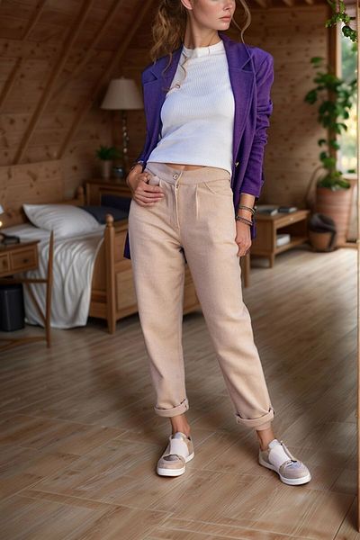 bacc Women's Beige Self Patterned Stitch High Waist Pocket Pleated Trousers Bcbsk-25700-3448