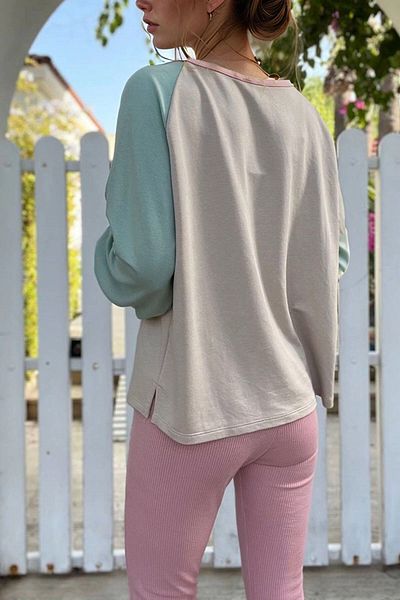 bacc Women's Beige Raglan Sleeve Stitching Detailed Boat Neck Color Block Sweatshirt Bcbsk-25700-3472