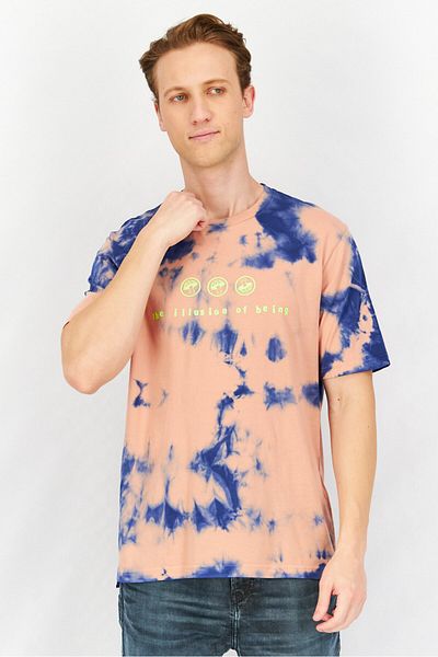 Diesel Men Crew Neck Short Sleeve Tie Dye T Shirt, Peach/Blue