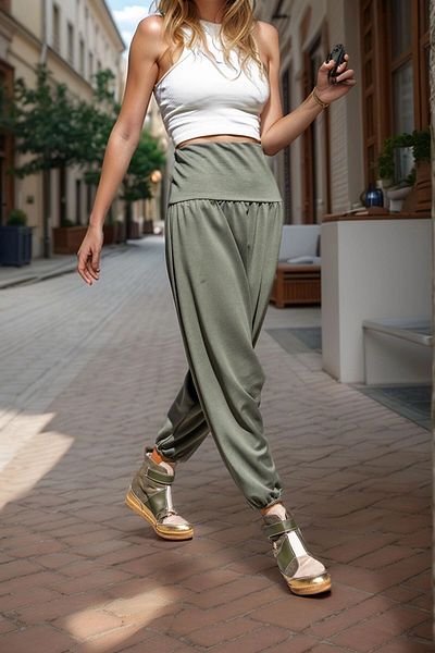 bacc Women's Khaki High Waist Elastic Leg Low Mesh Loose Baggy Trousers Bcbsk-25700-3466