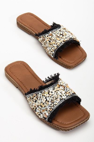 Dilimler Ayakkabı Women's Flat Heeled Slippers Black Stone Tasseled Thick Tekband