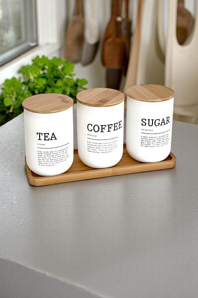 Mirilliahome Set of 3 White Glass Jars with Bamboo Stand – 1000 ml Tea Coffee Sugar Jar