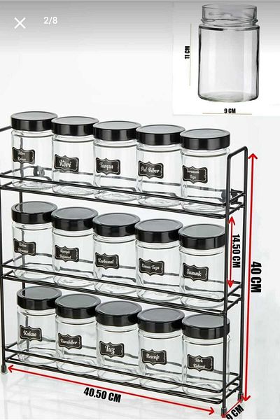 METALAY 15-Piece Round Glass Jar Set with 3-Layer Metal Stand, 3-Layer 15-Piece Spice Jar Set