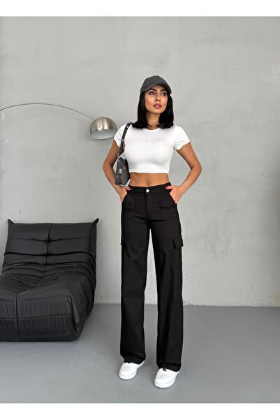 MevaMoss Siyah Kargo Cepli Likralı Yüksek Bel Wide Leg Pantolon