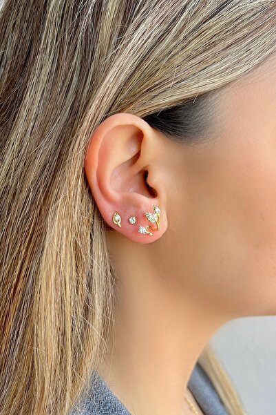 Bijou Luz Gold Yaprak Model Mini Altılı Küpe Seti