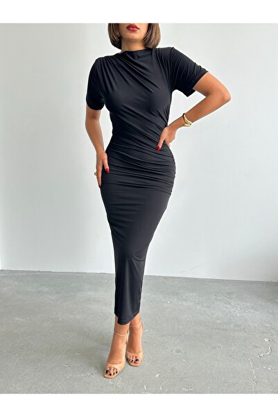 BEJNA Women's Black Short Sleeve Draped Dress