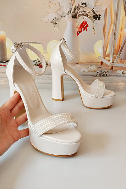 Modavien Dámské 13 cm platforma ecru kotníkové perly Svatební boty