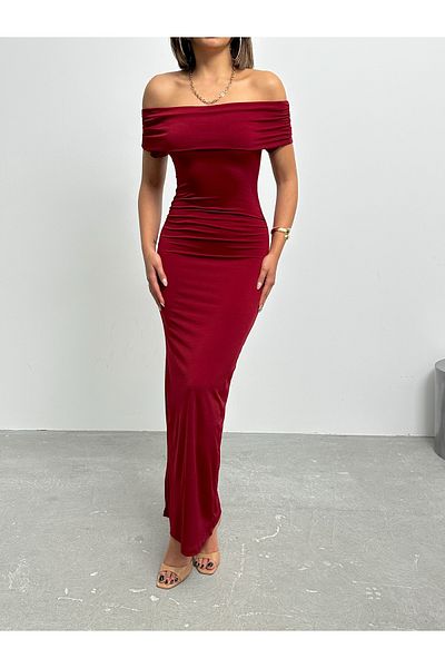 BEJNA Women's Burgundy Madonna Collar Long Dress