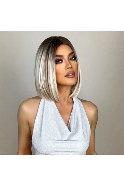 animis beauty Peruca bob Ombre Blond, fara breton, fibra sintetica cu aspect natural, par drept, 30 cm