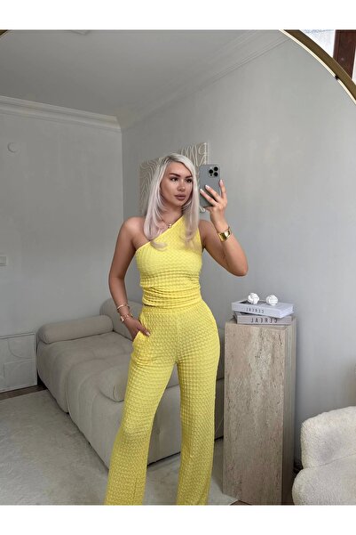 Zora Butik Σετ με έναν ώμο, κροπ τοπ και παντελόνι Gofre