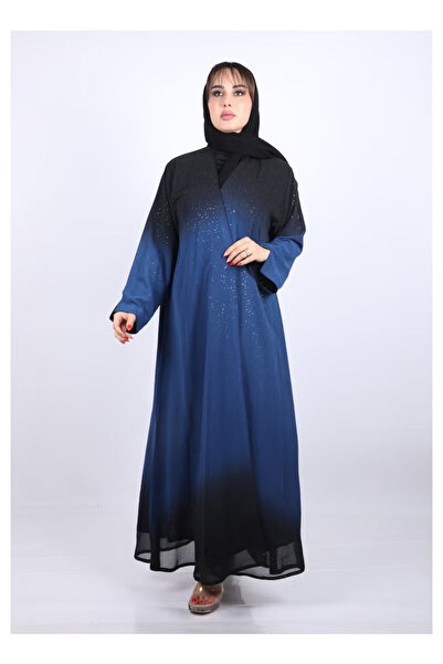 FULLJOY عباية طويلة من قماش شيفون ملون لامع ذات أناقة عصرية ولمسات احترافية بأكمام طويلة مع طرحة ,أسود-أزرق