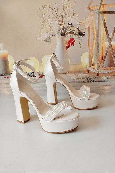 Modavien Women's 13 cm Platform Ecru Ankle Pearl Bridal Shoes